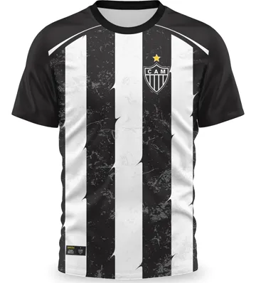 Camisa listrada preta e branca do Atlético-MG, modelo Bica, vista de frente