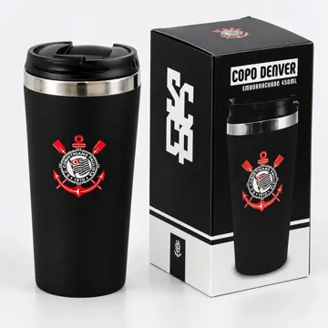 Copo térmico Denver preto do Corinthians ao lado da caixa
