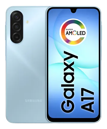 Celular Samsung Galaxy A17 azul, frente e câmeras