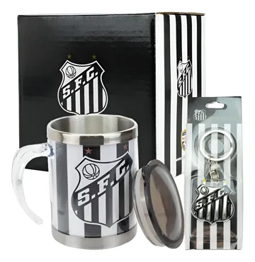 Kit caneca térmica inox do Santos com chaveiro do brasão